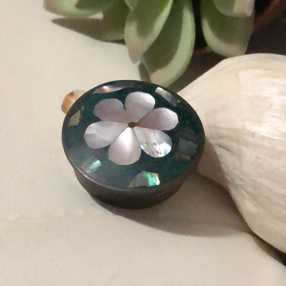 Handmade Vintage Mini Metal Tin-Abalone Inlay Cover Detail